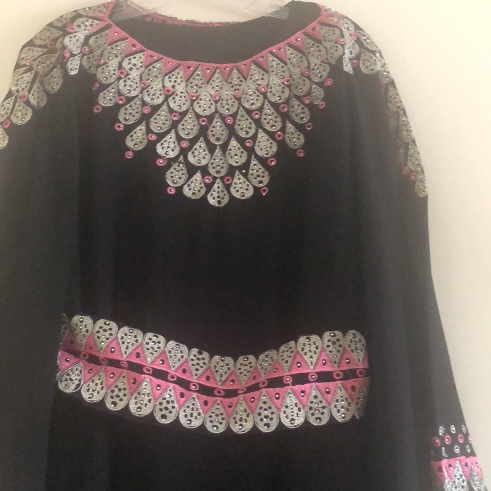 Black Kaftan with silver and pink threading design